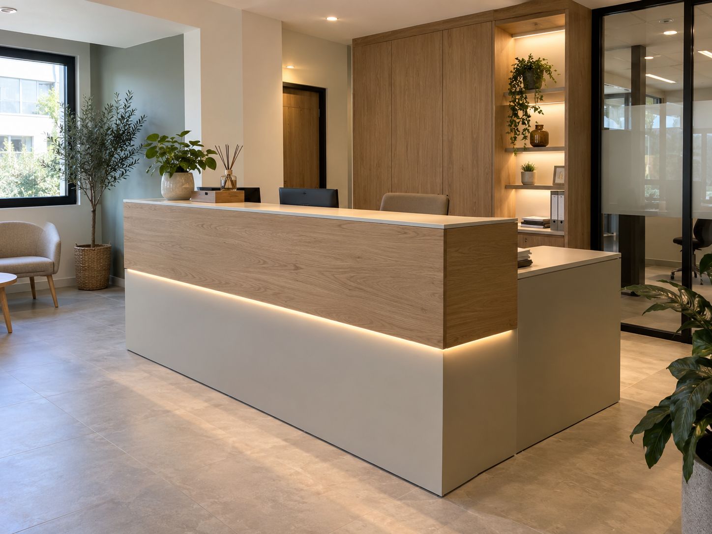 Comptoir d'accueil professionnel en agencement bois sur mesure.