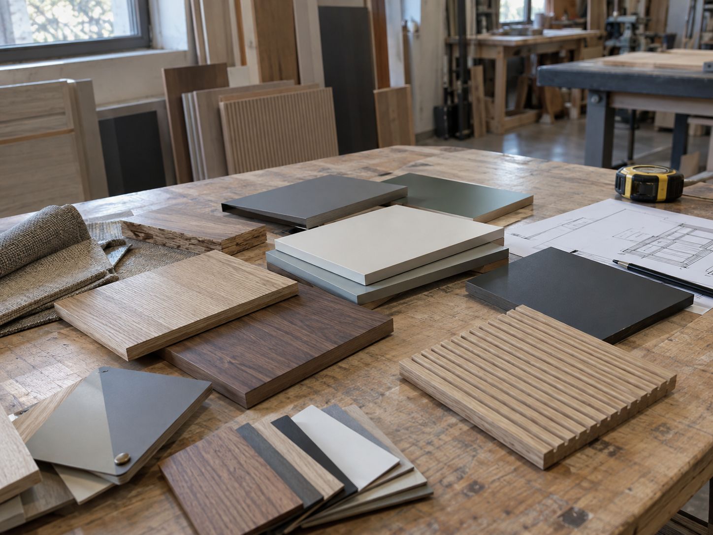 Échantillons de bois, façades et finitions présentés sur une table d'atelier.