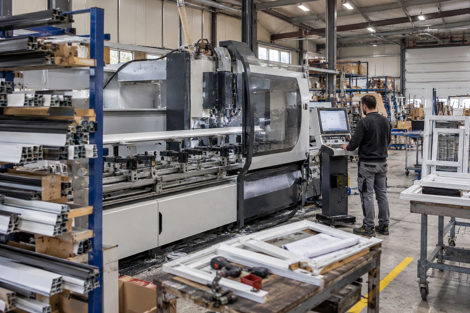 Centre d'usinage de profilés dans un atelier de menuiserie, opérateur à la console de commande.