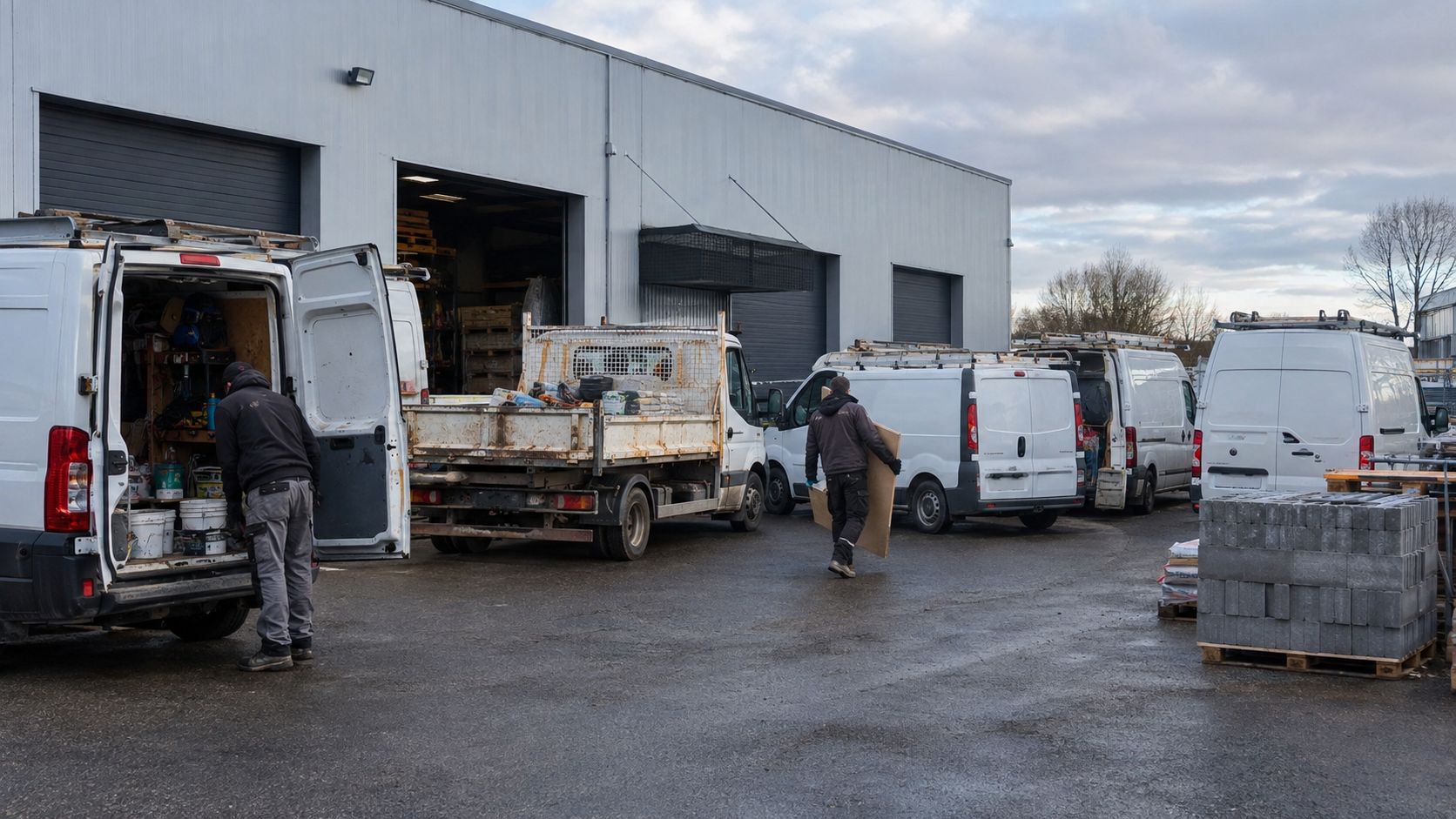 Utilitaires et véhicules de chantier devant un atelier.