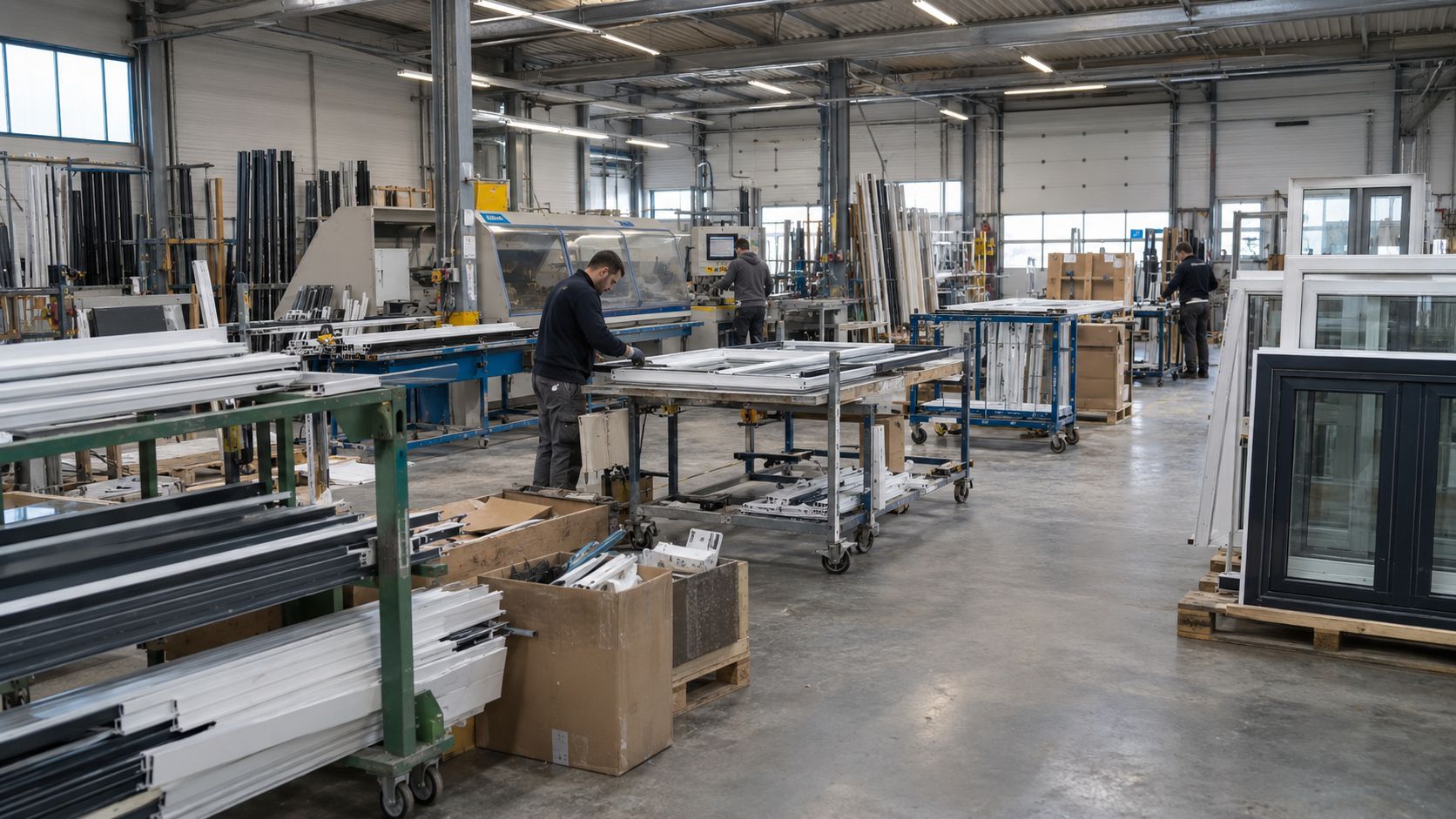 Ligne de production de menuiseries dans un atelier : profilés, cadres de fenêtres et opérateurs aux postes.