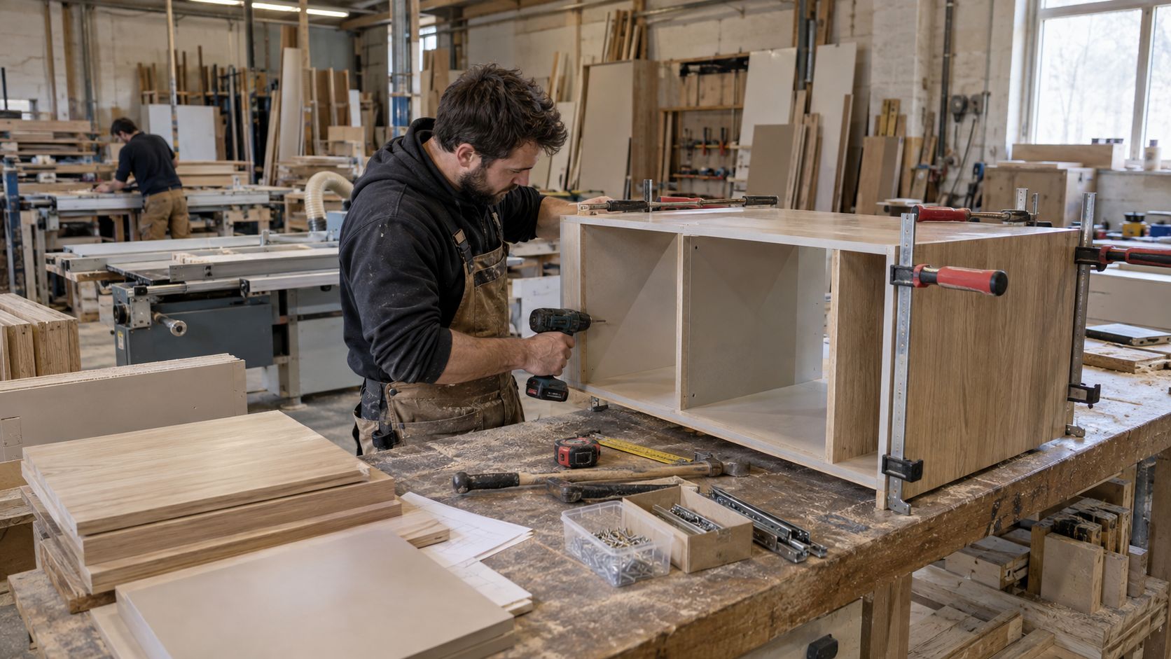 Fabrication d'un meuble sur mesure en atelier : assemblage d'un caisson sur établi.