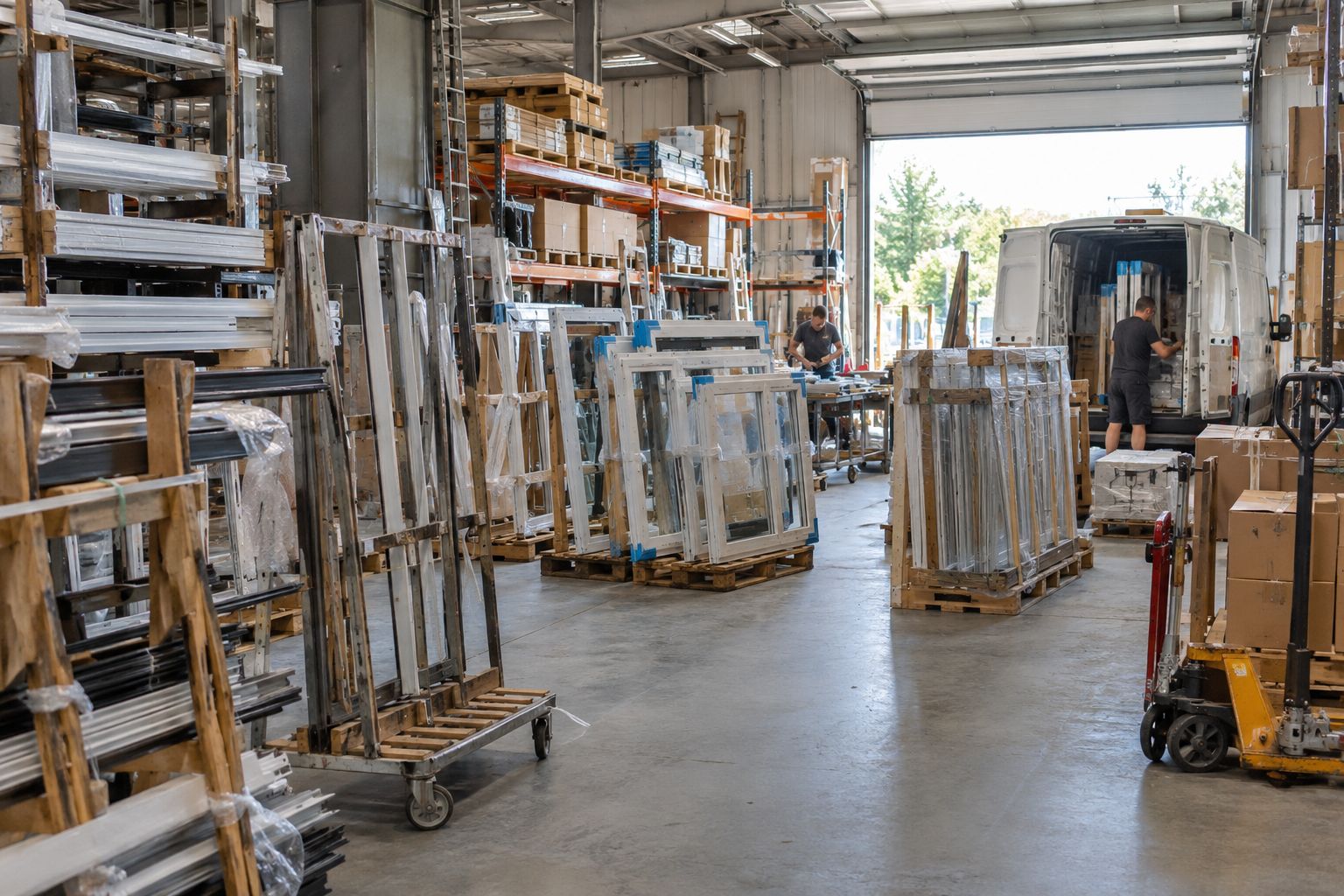 Zone de stockage et de préparation des menuiseries : racks, chevalets et chargement d'un utilitaire.