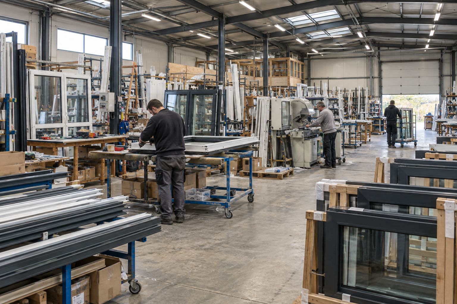 Vue d'ensemble d'un atelier de fabrication de menuiseries : postes d'assemblage, racks de profilés et châssis en cours de production.