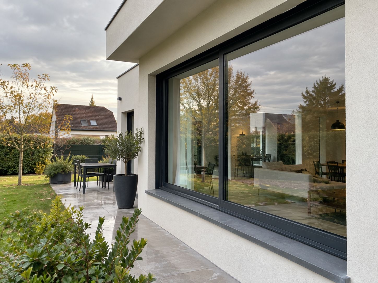 Fenêtre aluminium anthracite à grand vitrage sur la façade d’une maison contemporaine.
