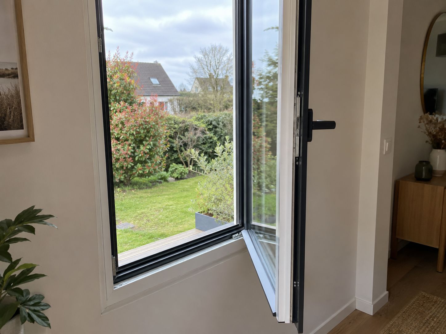Fenêtre bicolore ouverte : profilé anthracite côté extérieur, cadre clair côté intérieur.