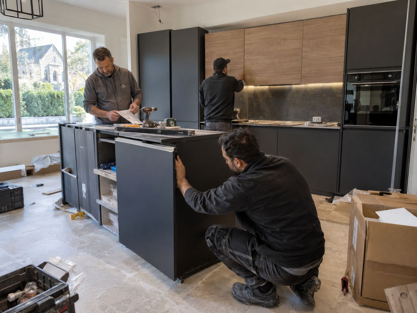 Installation d'une cuisine sur mesure.