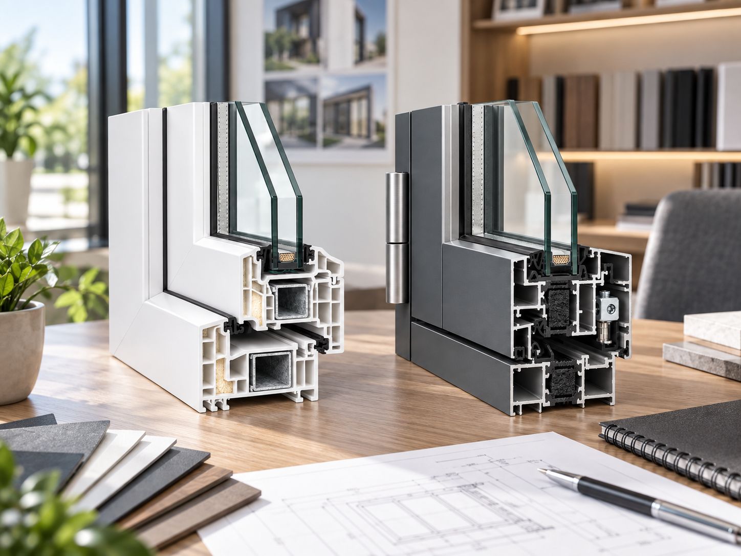 Échantillons de profilés PVC et aluminium en coupe, présentés sur un bureau.