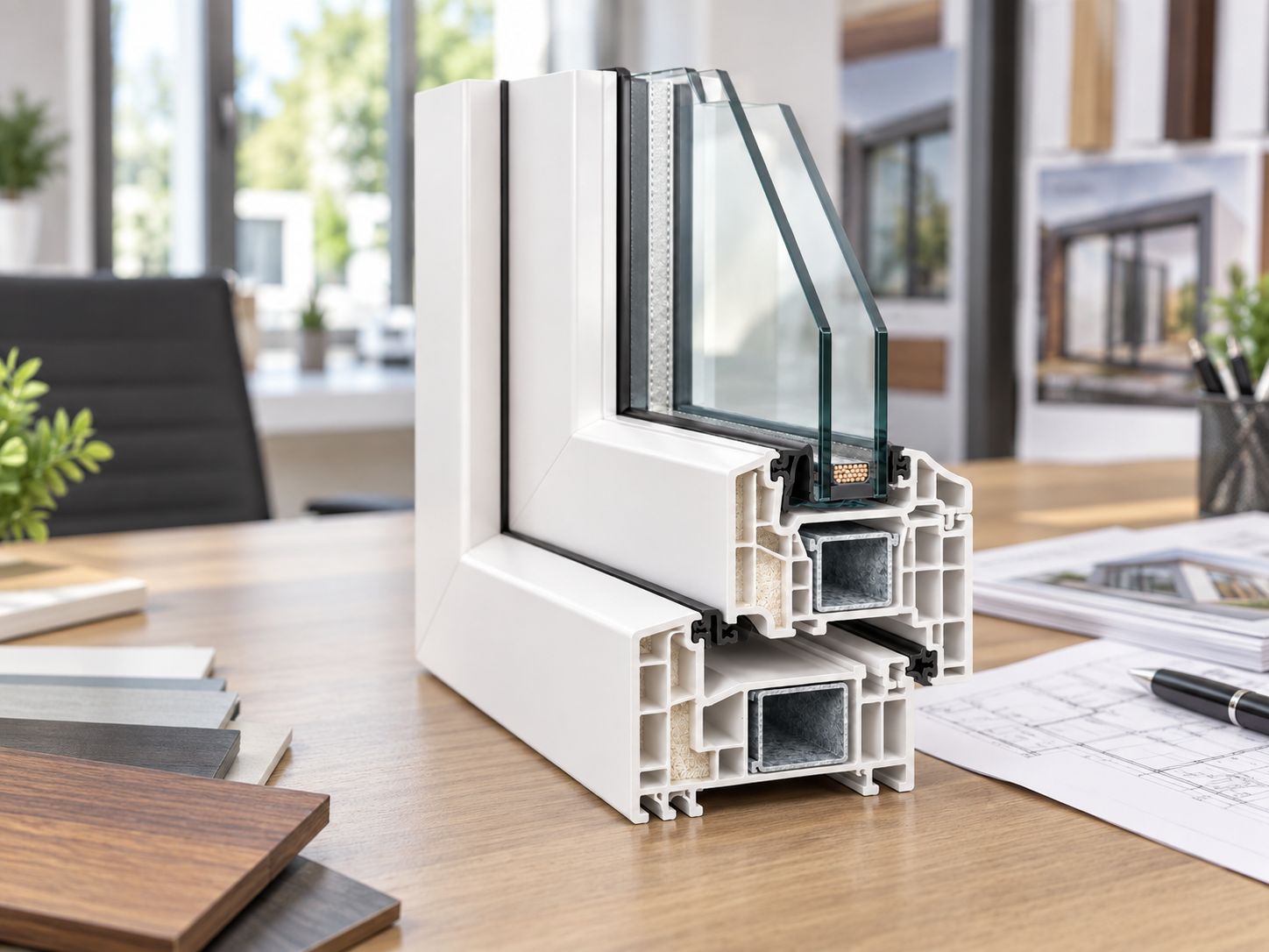Échantillon de profilé PVC en coupe, présenté sur un bureau d'étude.