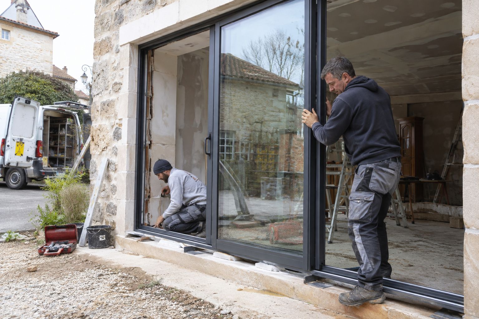Pose d'une baie vitrée anthracite sur une maison en pierre.