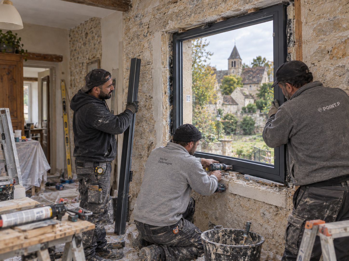 Pose d'une fenêtre anthracite depuis l'intérieur, dans un mur en pierre en rénovation.