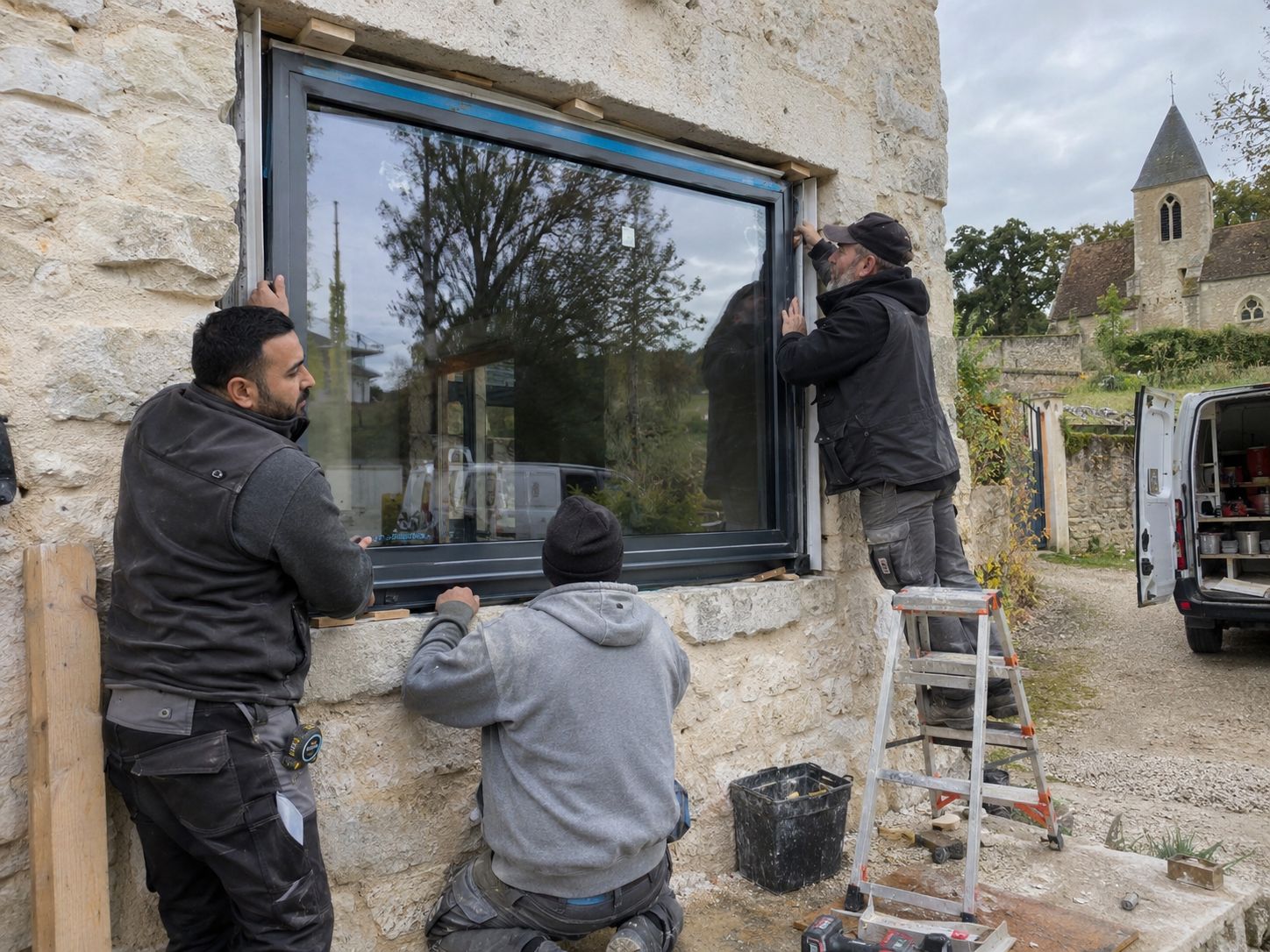 Pose d'une fenêtre anthracite en rénovation.