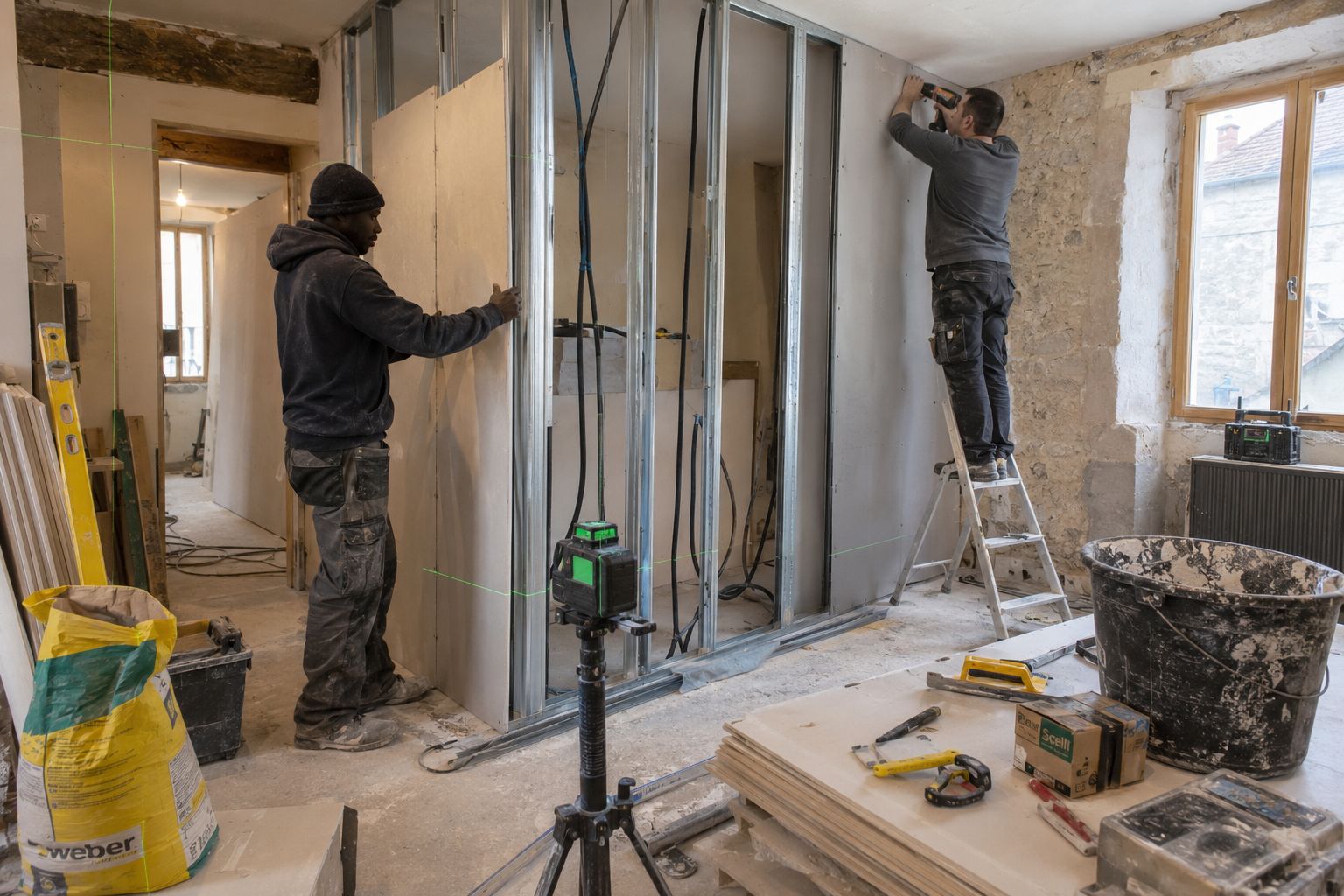 Montage de cloisons sur ossature métallique lors d'une rénovation intérieure.