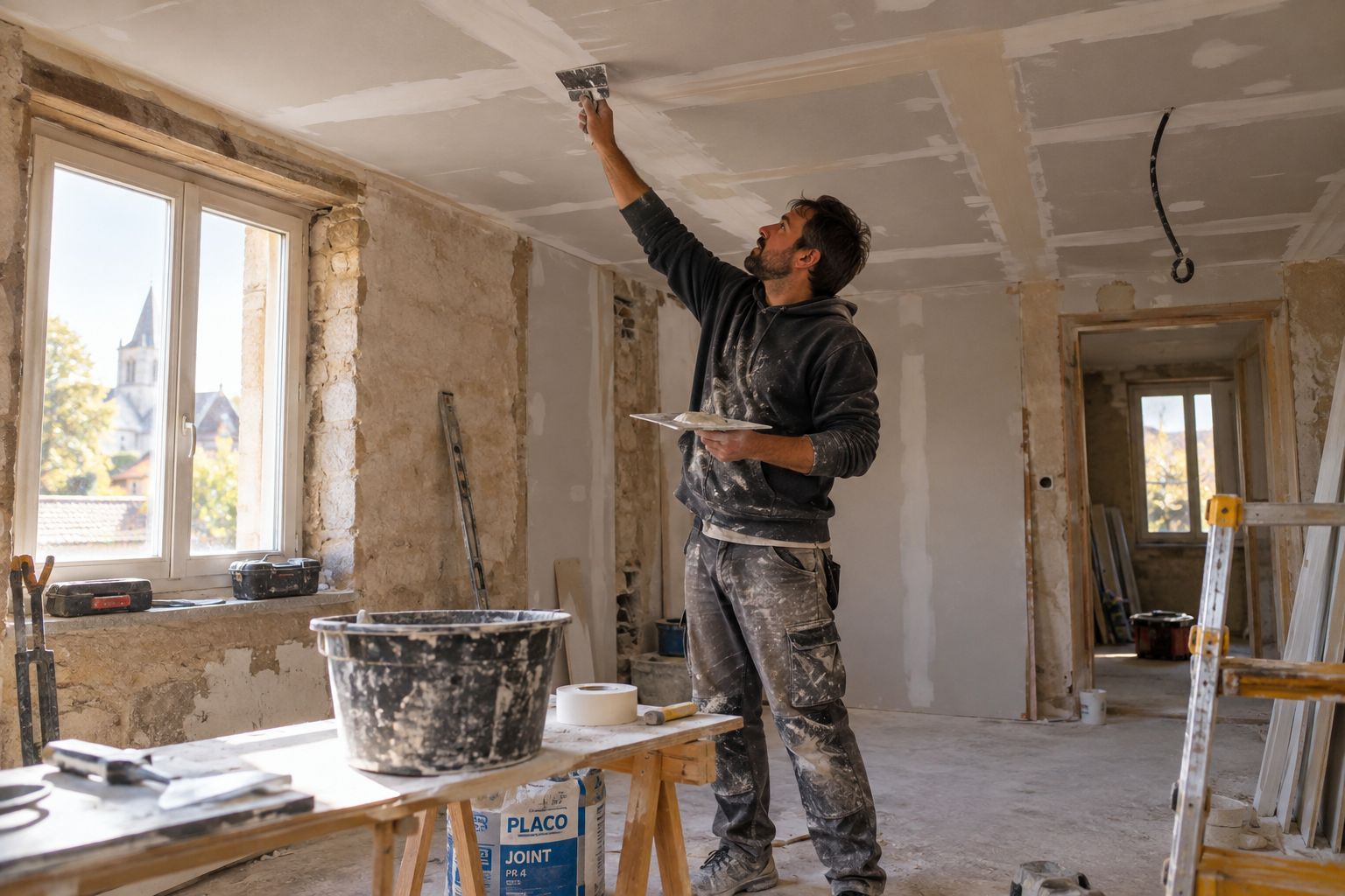 Application d'un enduit au plafond, étape de finition d'une rénovation.