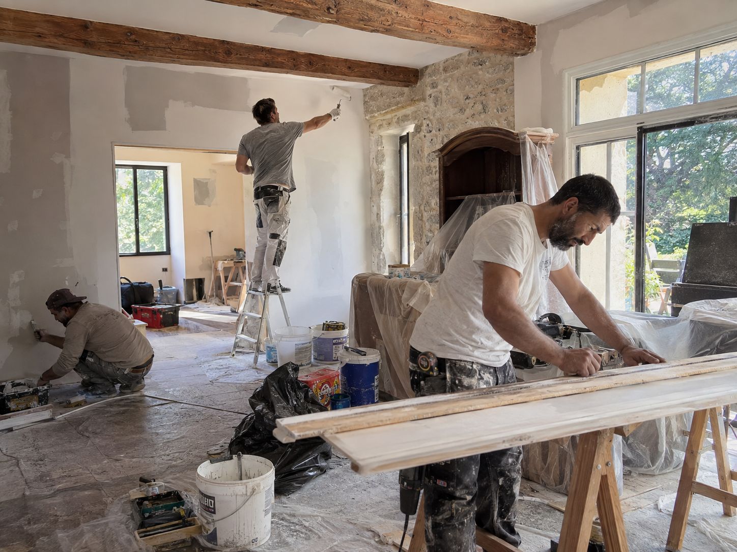 Travaux de rénovation intérieure : enduits, peinture et finitions dans une pièce en chantier.