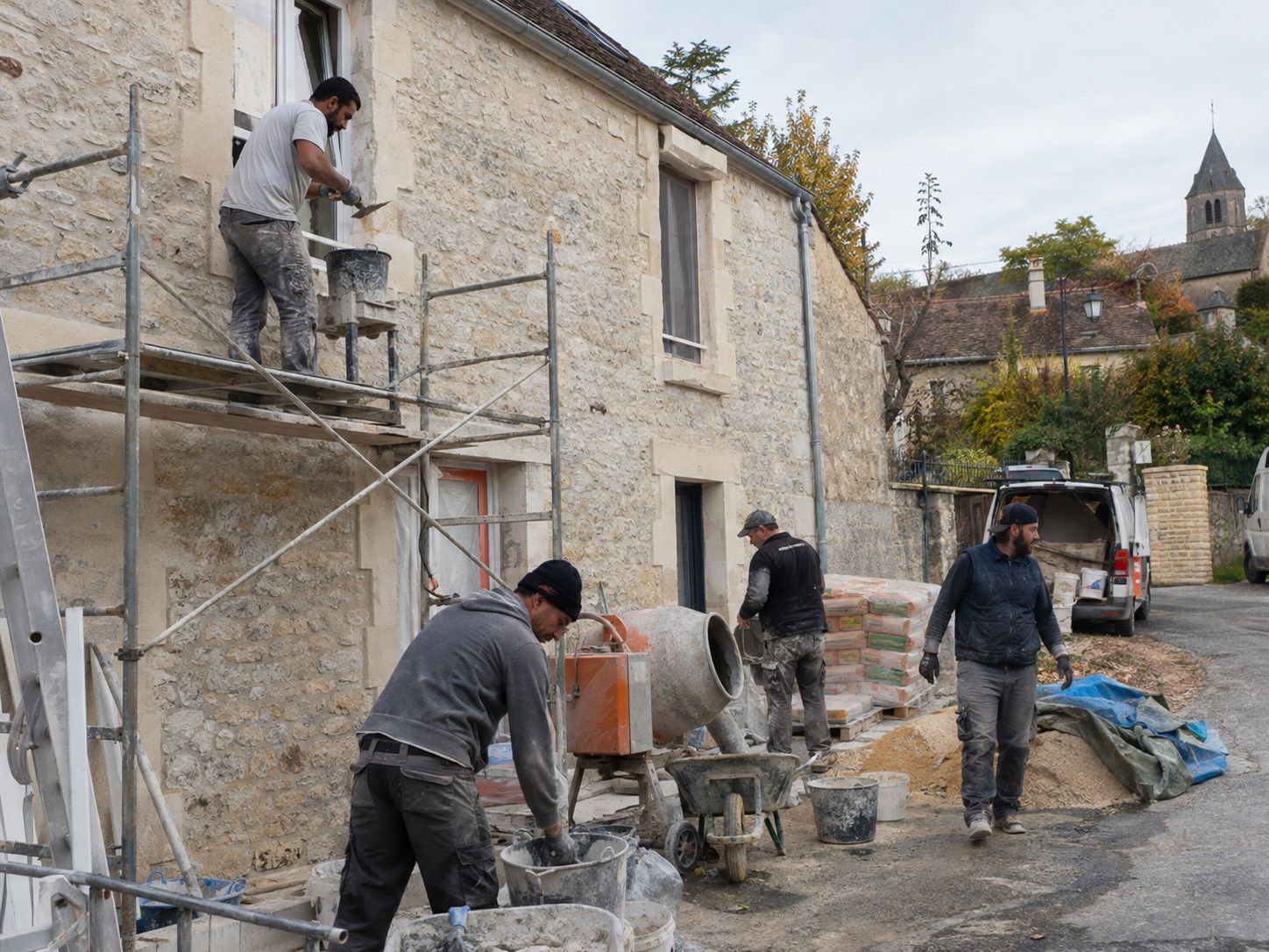 Chantier de rénovation d'une maison en pierre, échafaudage en place.