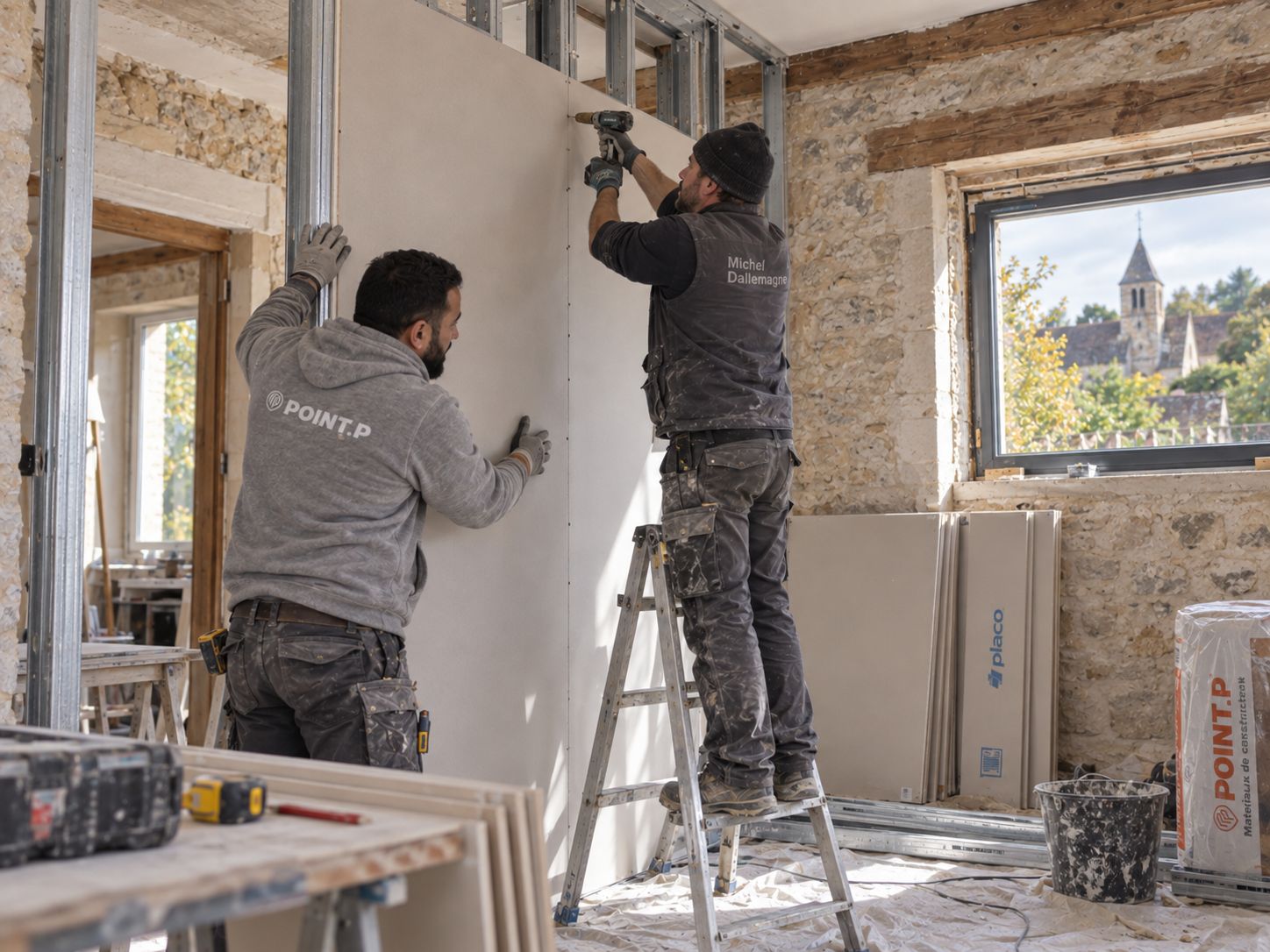 Pose de plaques de plâtre sur ossature lors d'une rénovation intérieure.