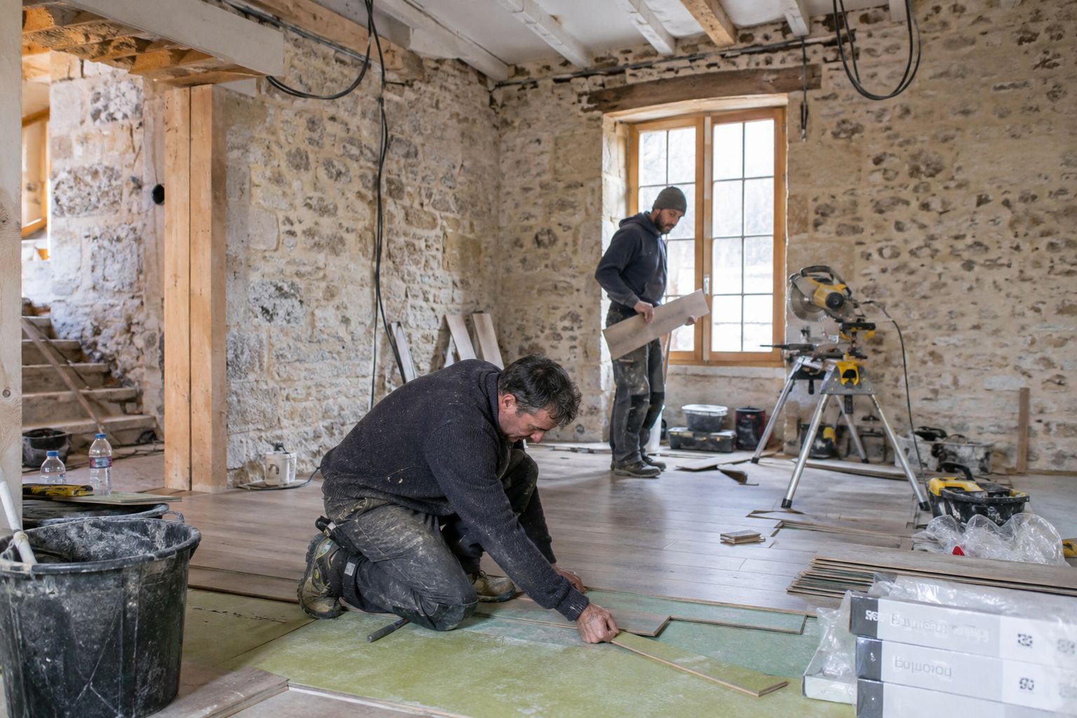 Pose d'un revêtement de sol dans une pièce en rénovation.