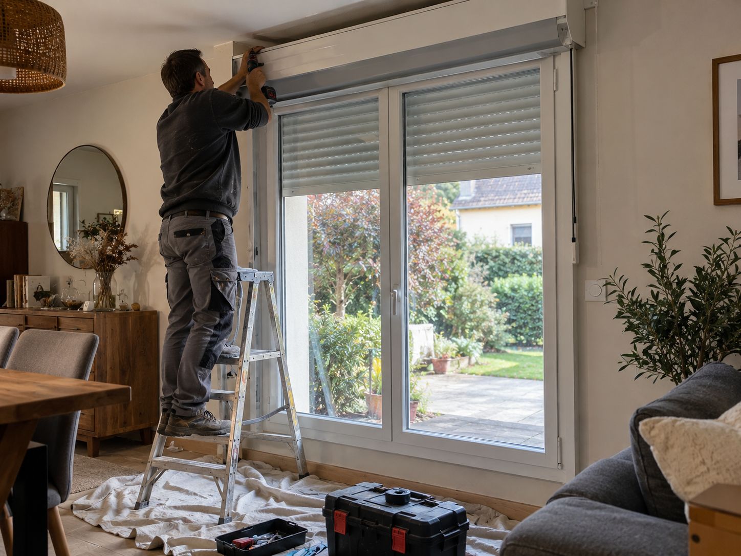 Réglage d’un volet roulant dans un séjour habité, sol protégé par une bâche.