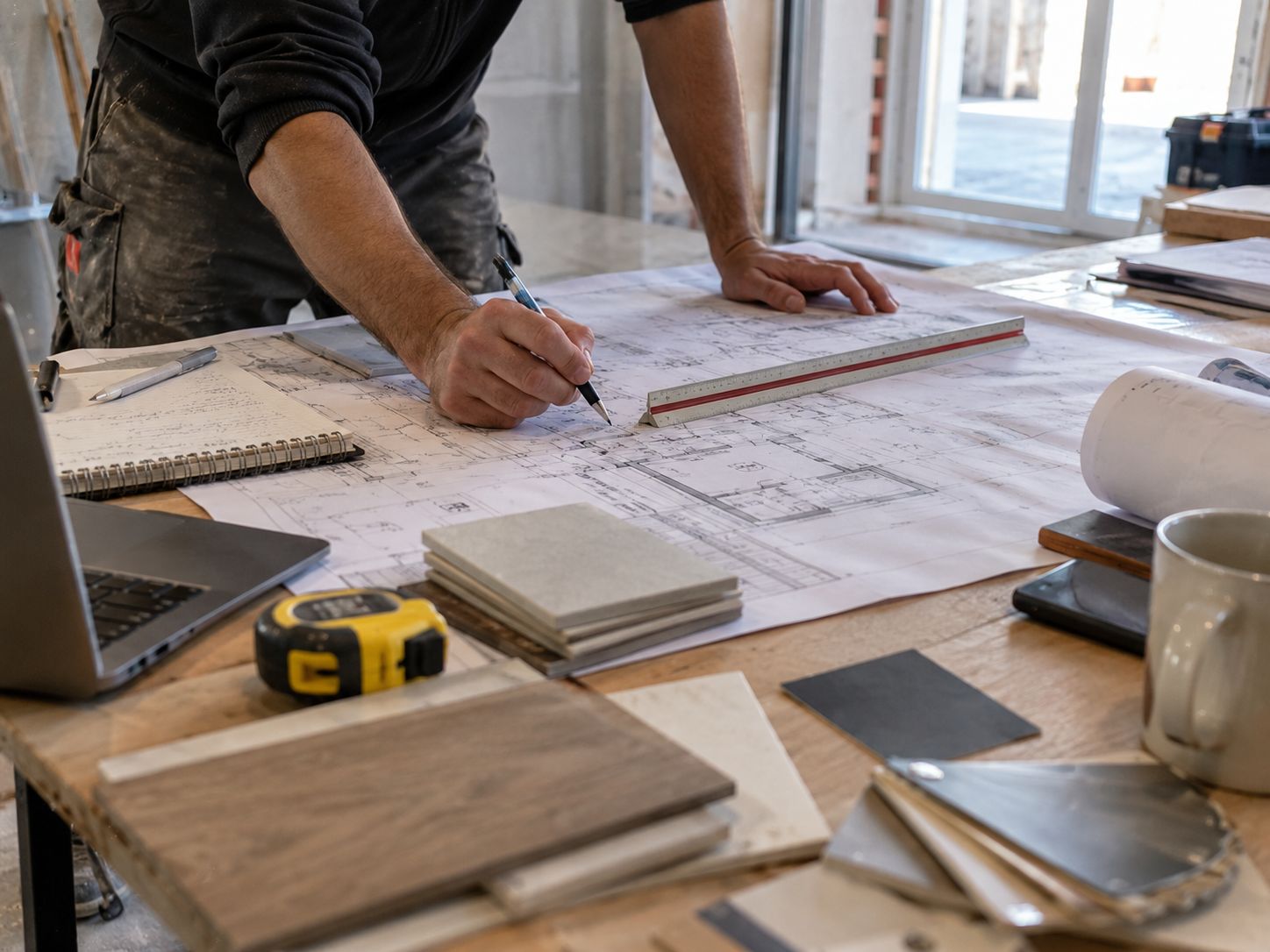 Plans de chantier, mètre et échantillons de matériaux sur une table de préparation.