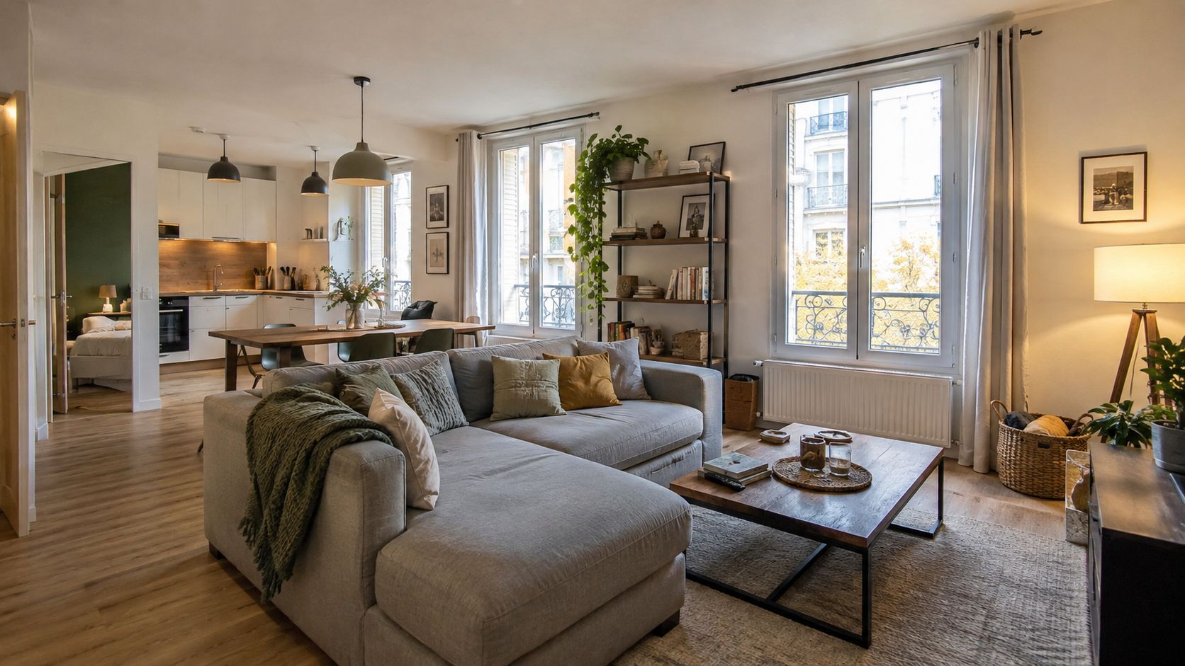 Intérieur d'un appartement après rénovation : séjour ouvert sur la cuisine.
