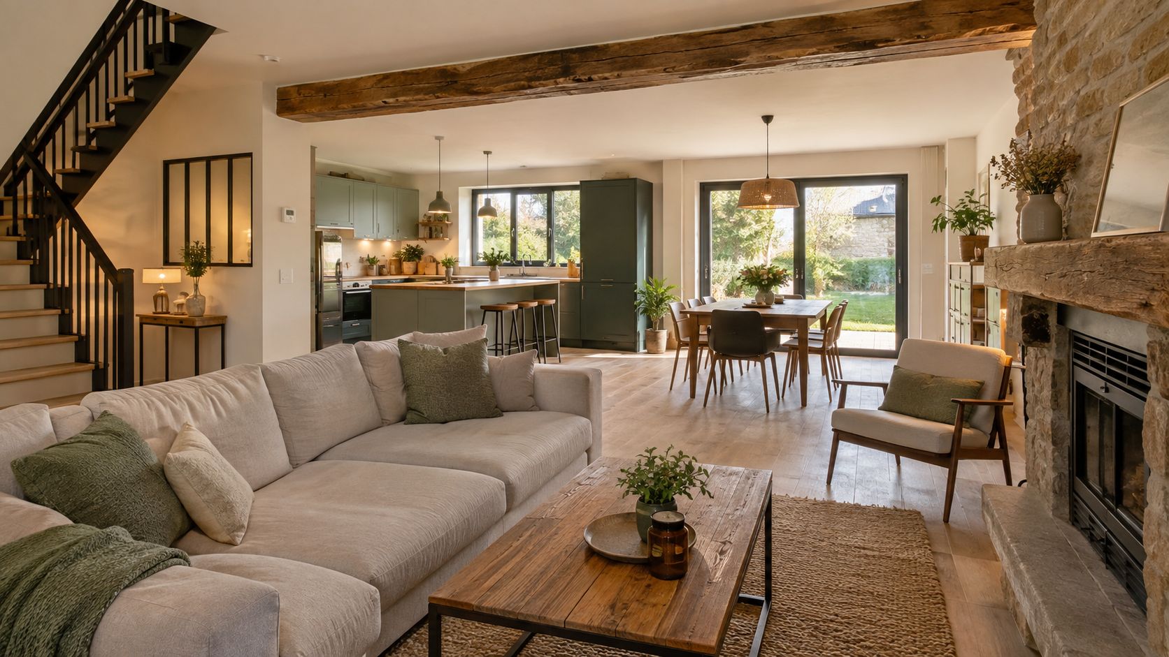 Intérieur d'une maison après rénovation : pièce de vie ouverte sur le jardin.