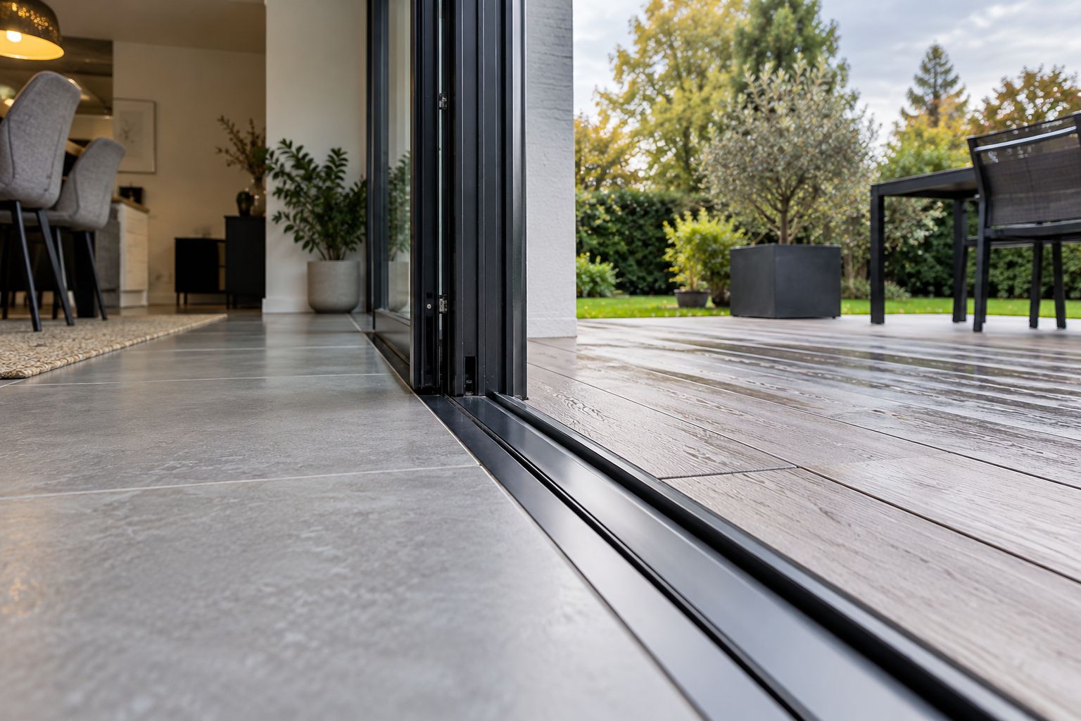 Seuil plat d’une baie coulissante aluminium : continuité entre le carrelage intérieur et la terrasse.