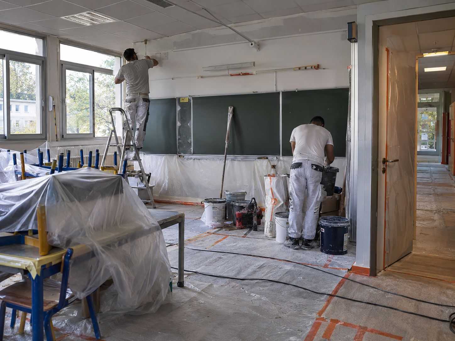 Salle de classe protégée par des bâches pendant des travaux, couloir et sols protégés.
