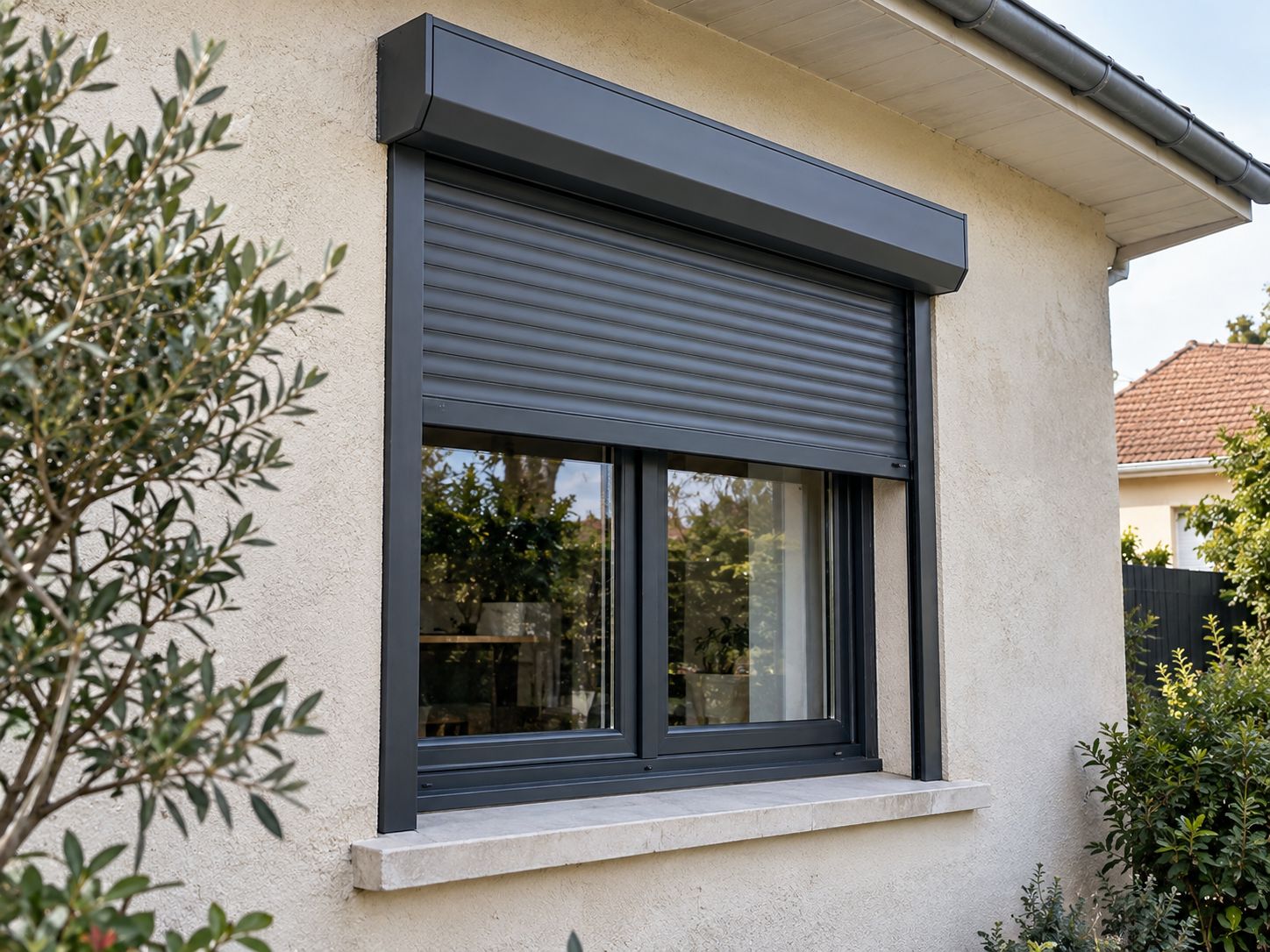 Volet roulant en coffre de rénovation anthracite posé en façade, au-dessus d’une fenêtre deux vantaux.